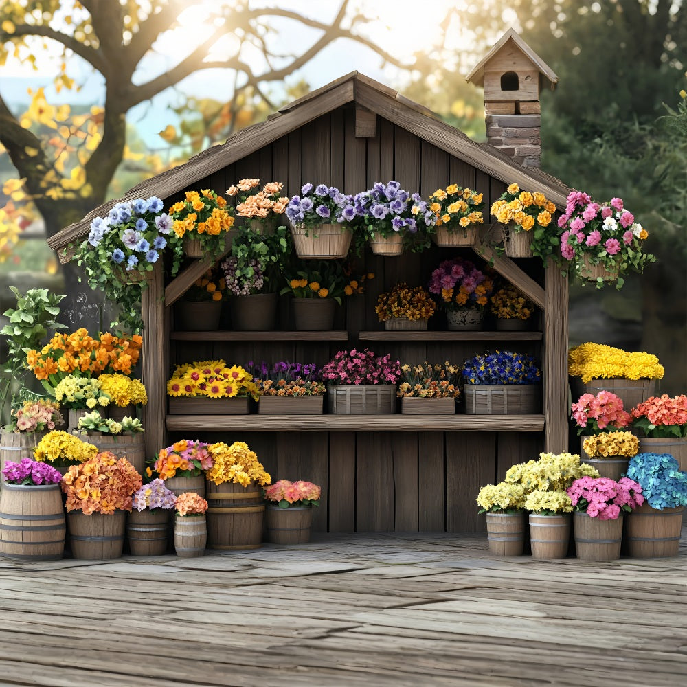 Toile de fond Printemps Stand Marché Fleurs Bois LXX1-138