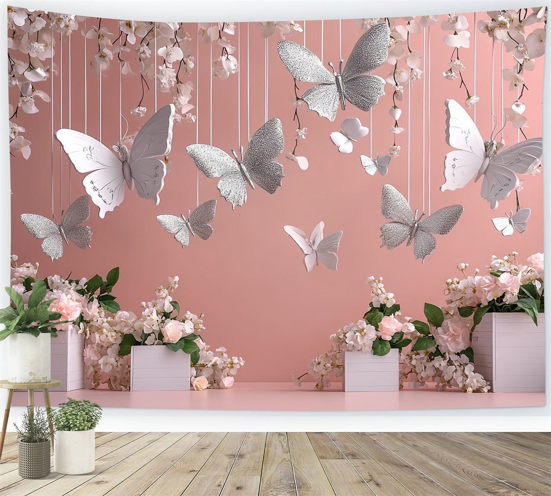 Toile de fond Printemps Fleurs Suspendues Papillons Argentés LXX1-19