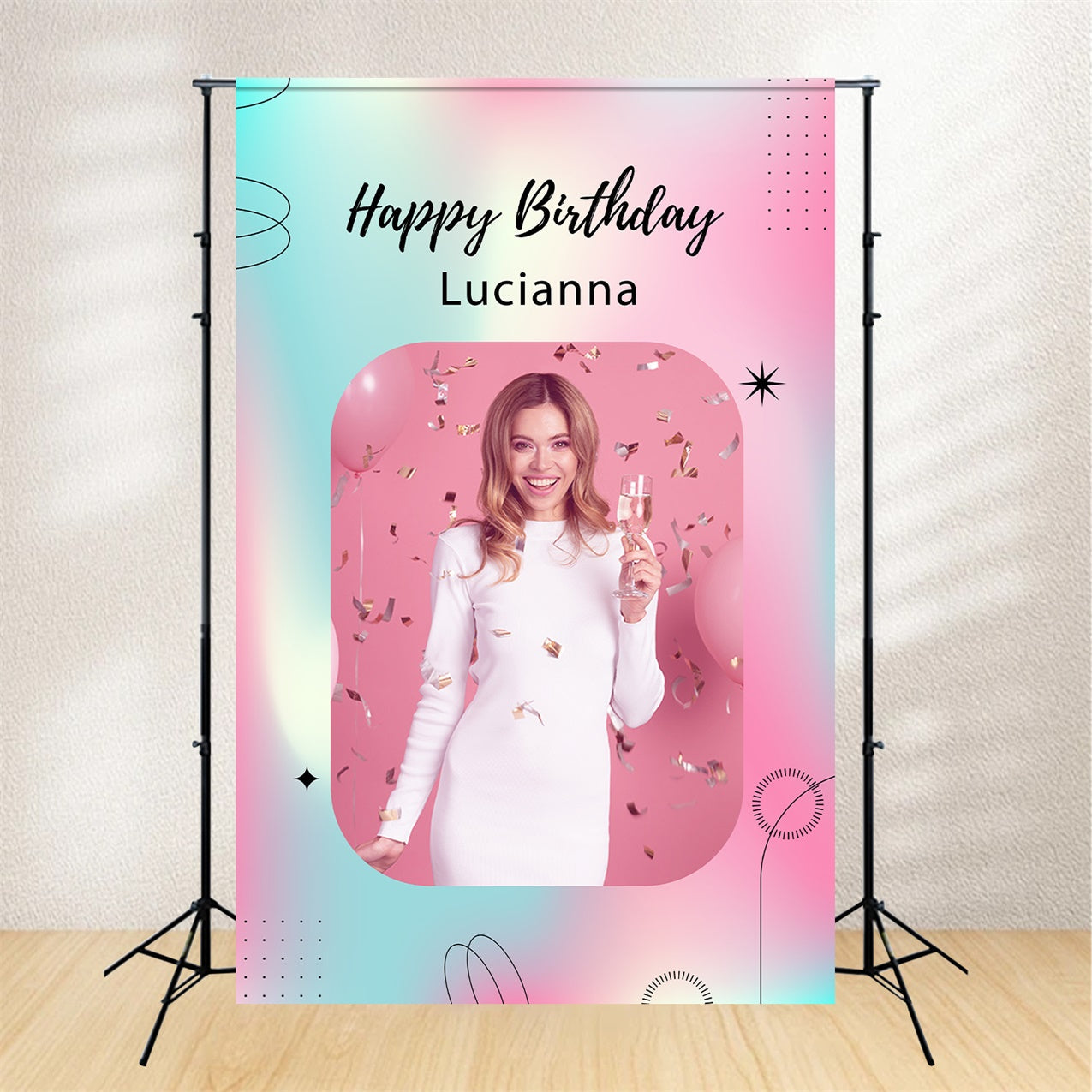 Toile de fond Anniversaire Personnalisable Confettis Roses Stylés LXX1-223