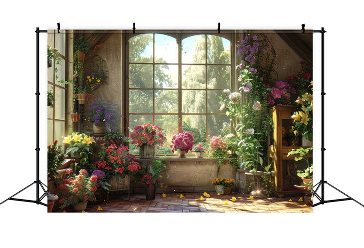 Fond Photo Animal de compagnie Fenêtre Ensoleillée Fleurs Luxuriantes LXX1-259