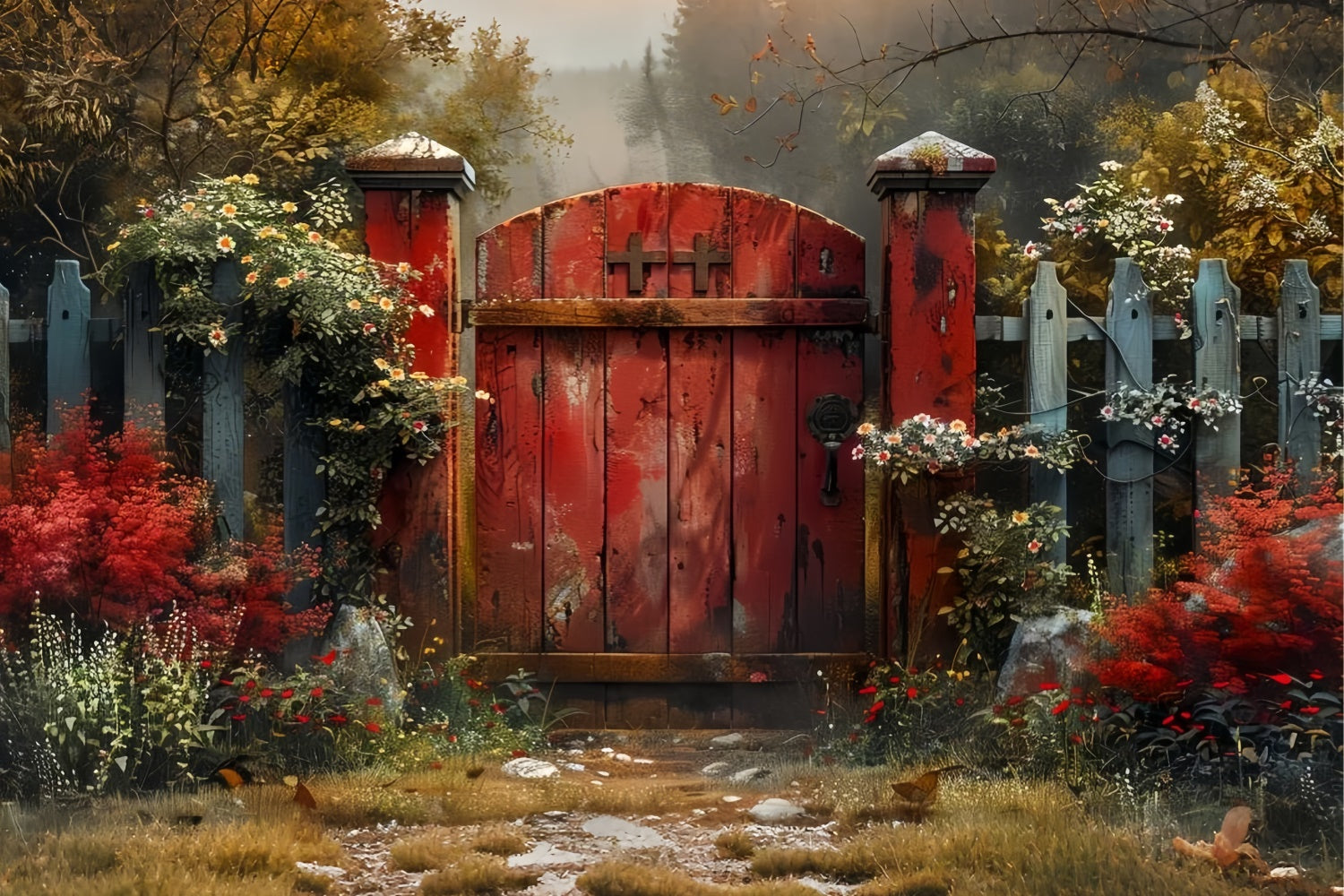 Fond Animal de compagnie Clôture en Bois Vintage Chemin Fleuri LXX1-284