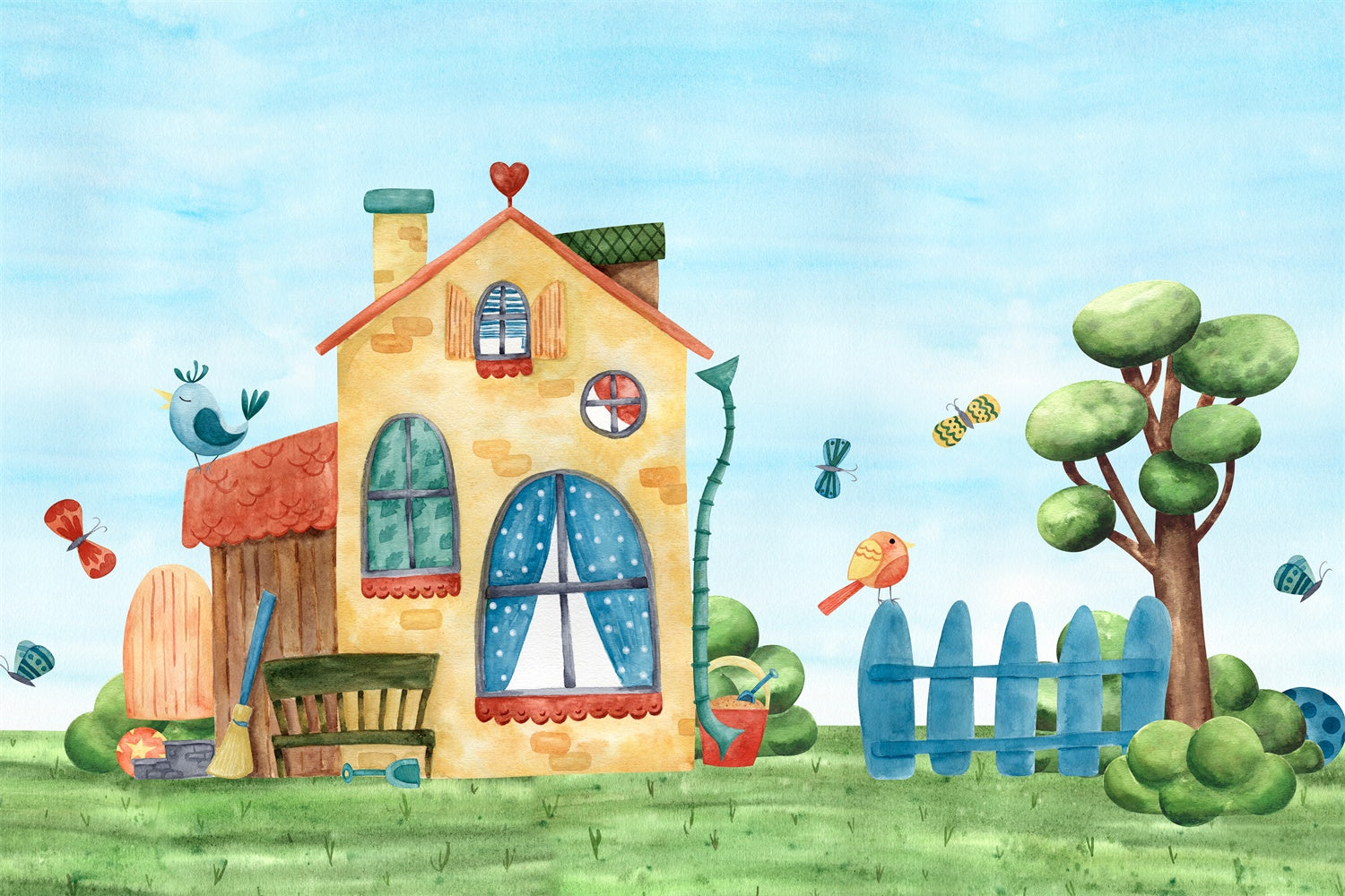 Toile de fond Animal Familier Cottage Aquarelle Oiseaux LXX1-298