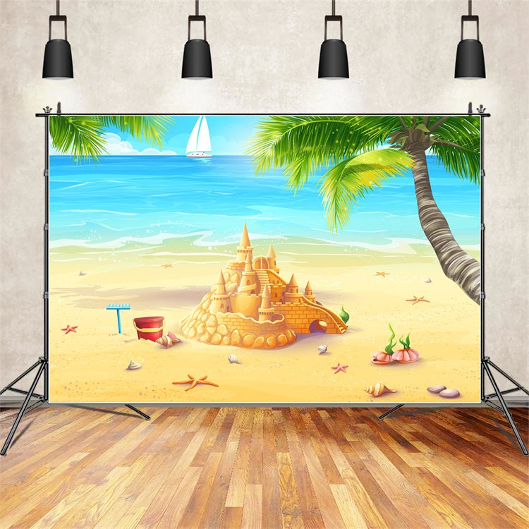 Toile de fond Océan Ciel Château de Sable Doré Plage Ensoleillée LXX1-309