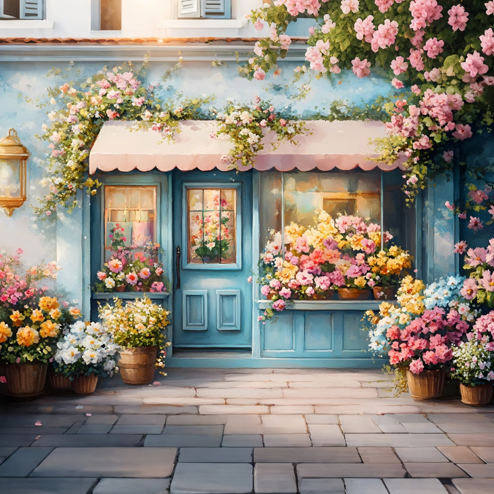 Toile de fond Printemps Porte Bleue Fleurs Épanouies LXX1-67