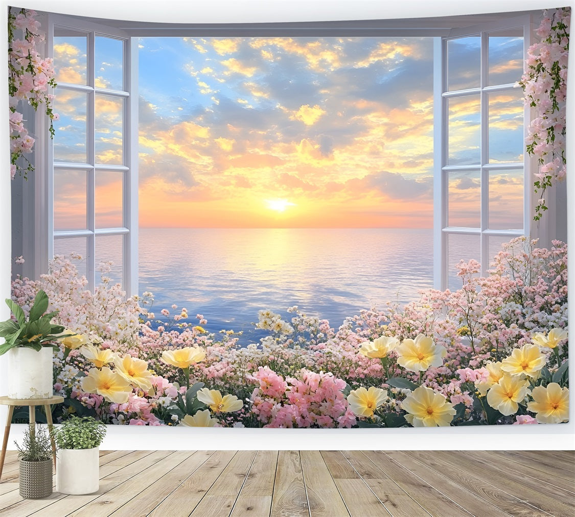 Fond Paysage Printemps Fenêtre Florale Vue Coucher de Soleil LXX1-71
