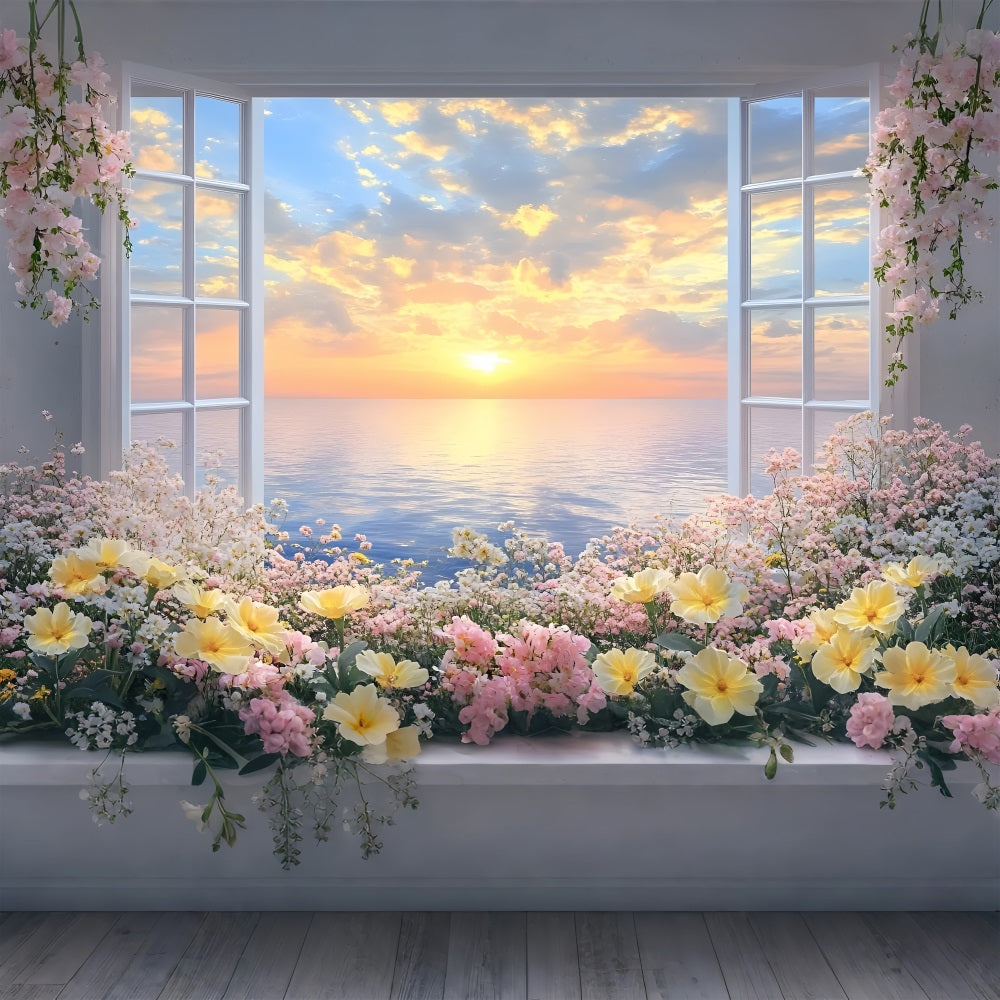 Fond Paysage Printemps Fenêtre Florale Vue Coucher de Soleil LXX1-71