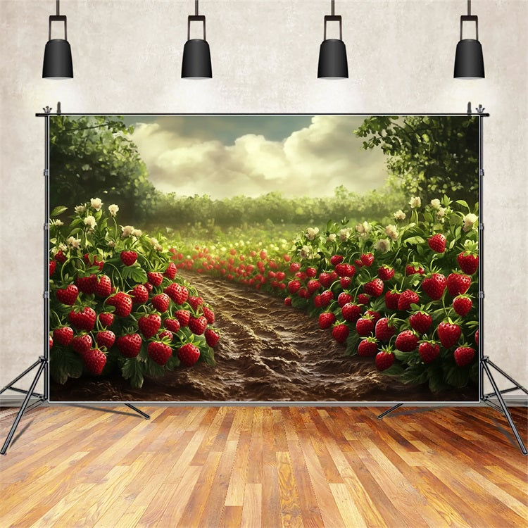 Toile de fond Printemps Champ Fraises Ensoleillé Photographie LXX1-85