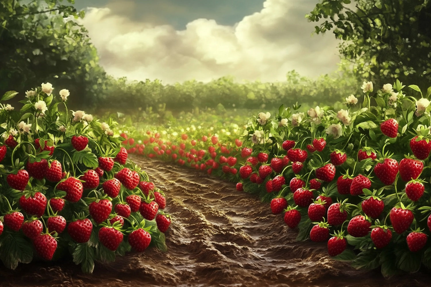 Toile de fond Printemps Champ Fraises Ensoleillé Photographie LXX1-85