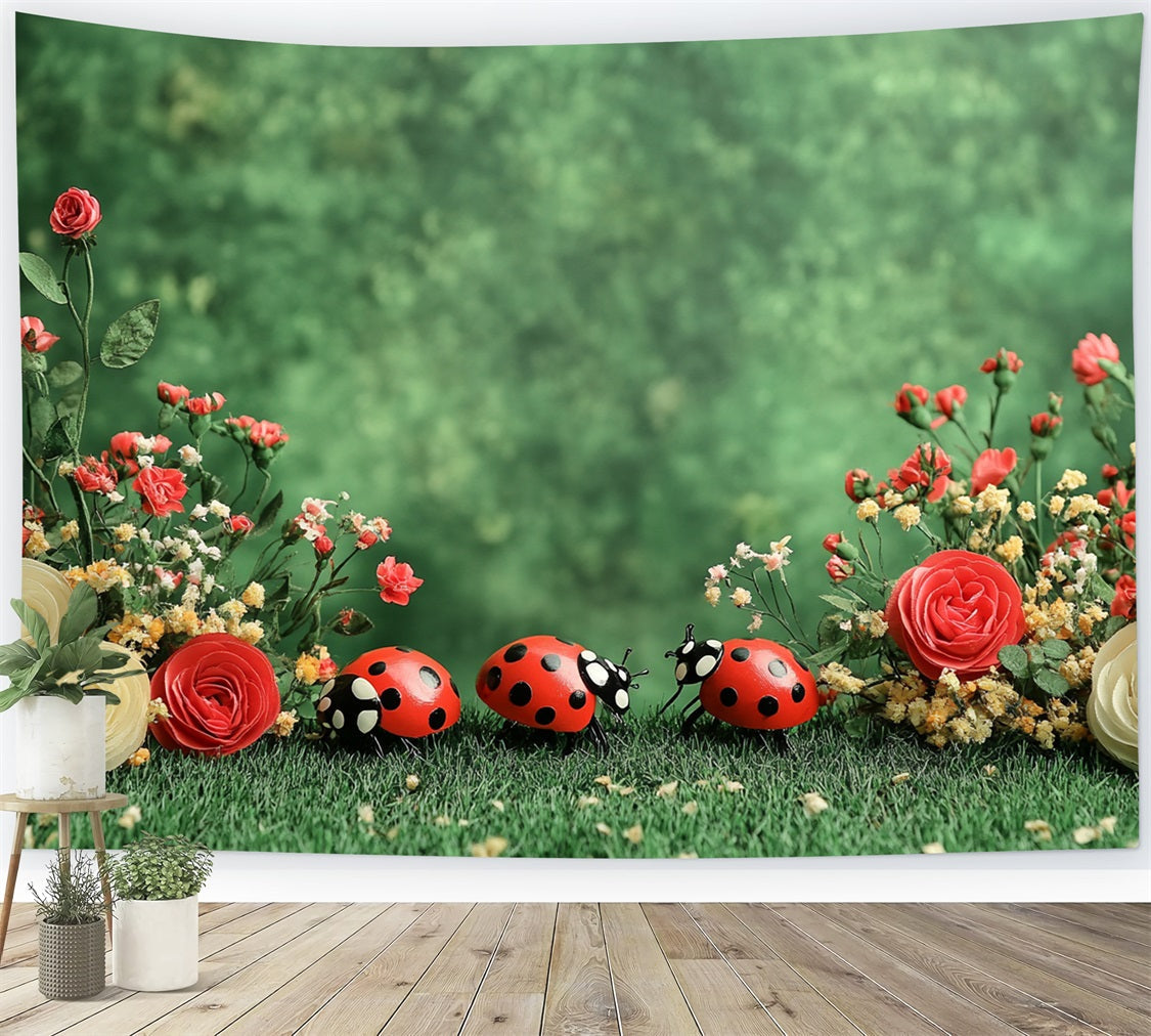 Toile de fond Printemps Fleurs Jardin Vert Coccinelle LXX1-88
