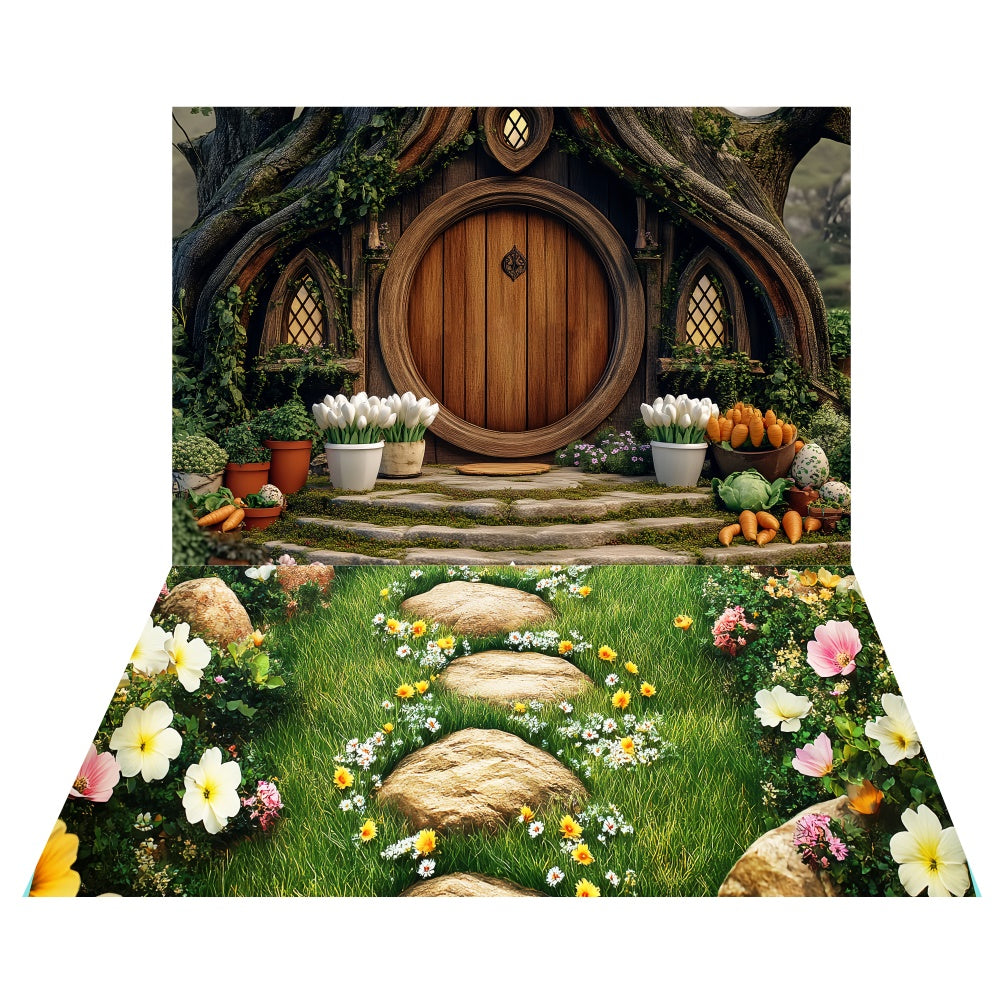 Toile de fond Porte en Bois Pâques + Fond Sol Sentier de Jardin LXX2-11