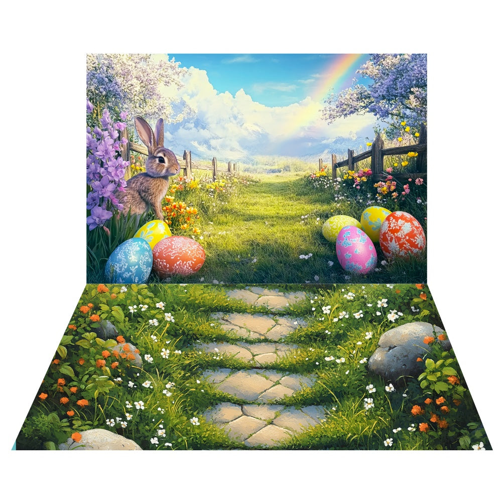 Toile de fond Ferme Lapin de Pâques + Fond Sol Sentier Nature LXX2-12