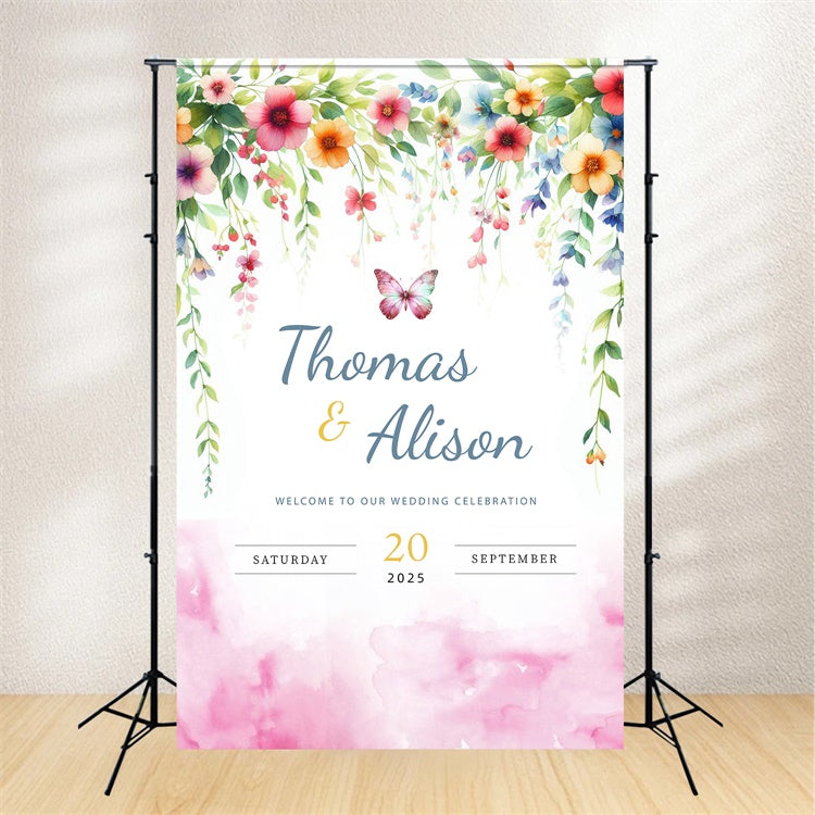 Toile de fond photobooth mariage personnalisé Papillon Floral de Rêve LXX2-172