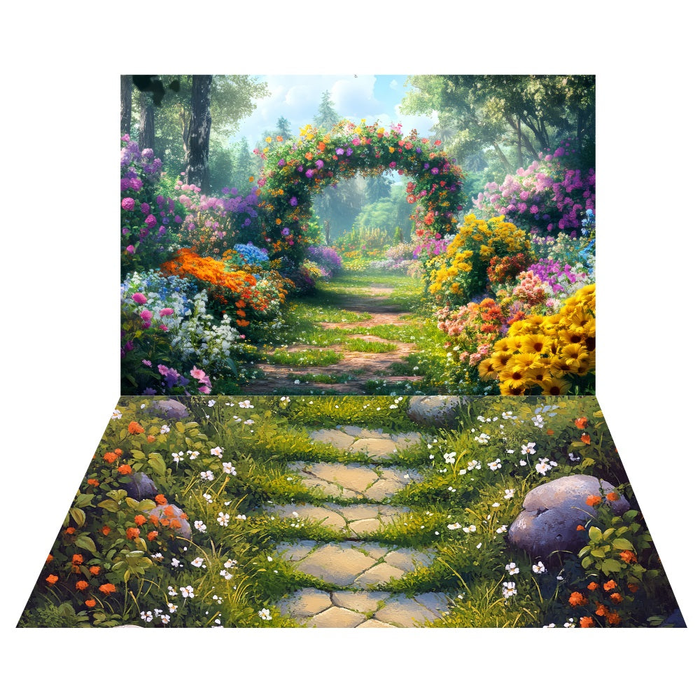 Toile de fond Arche Florale Printemps + Sol Pavé de Jardin LXX2-177