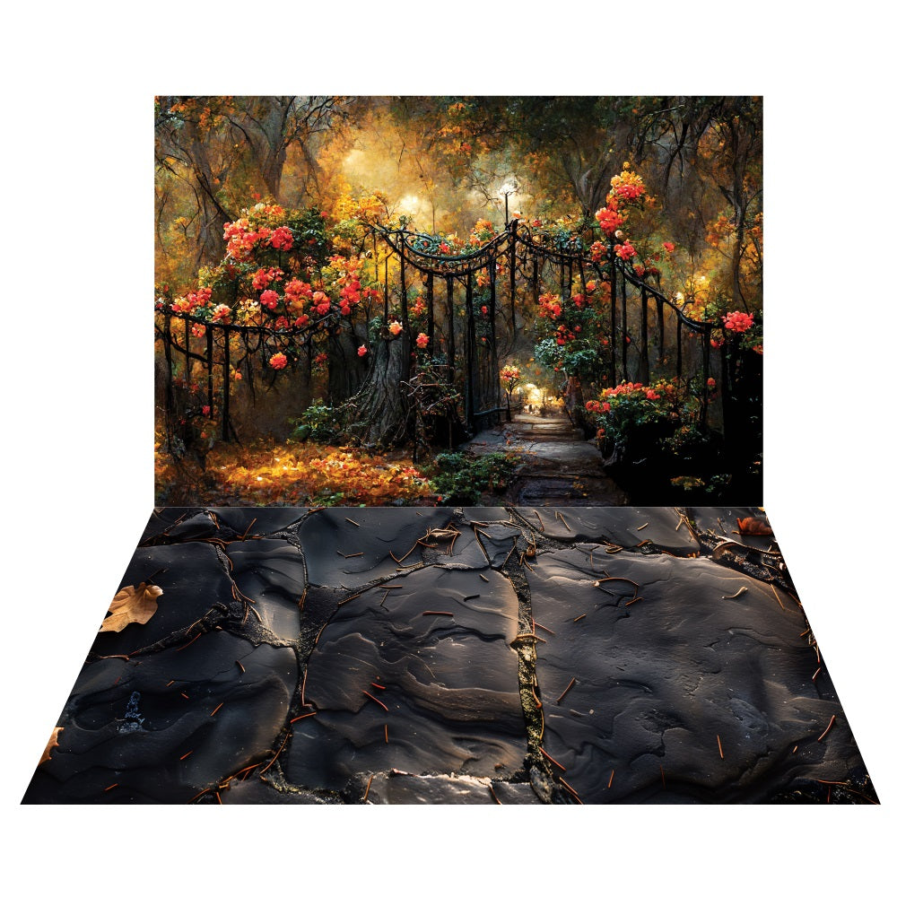 Toile de fond Portail de Jardin Nocturne + Sol Ardoise Noire Vieillie LXX2-180