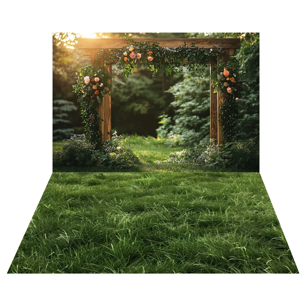 Toile de fond Arche Florale Printemps + Sol Herbe Verte Luxuriante LXX2-181