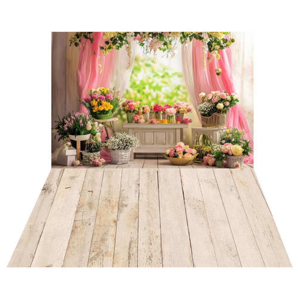 Toile de fond Boutique Fleuriste Printemps + Sol en Planches Blanches LXX2-182