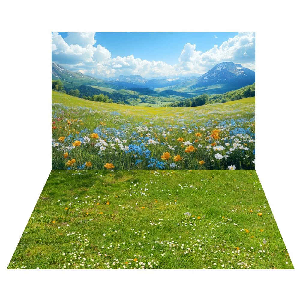 Toile de fond Colline Fleurie Printemps + Sol Herbe Fleurie Sauvage LXX2-184