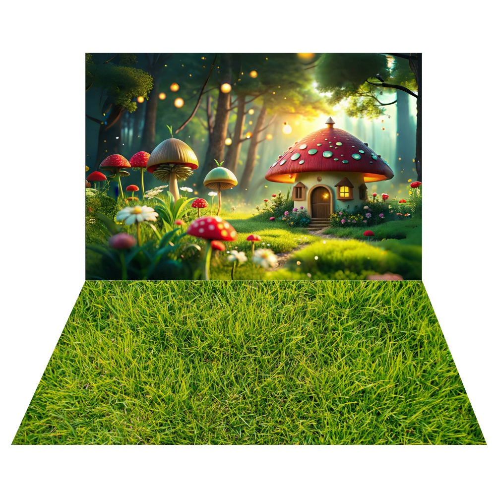 Toile de fond Cottage Champignon Forêt Magique + Sol Herbe Douce LXX2-185