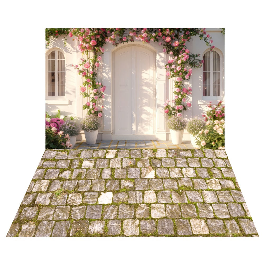 Toile de fond Porche de Jardin Printemps + Sol Sentier en Pierre Moussue LXX2-192