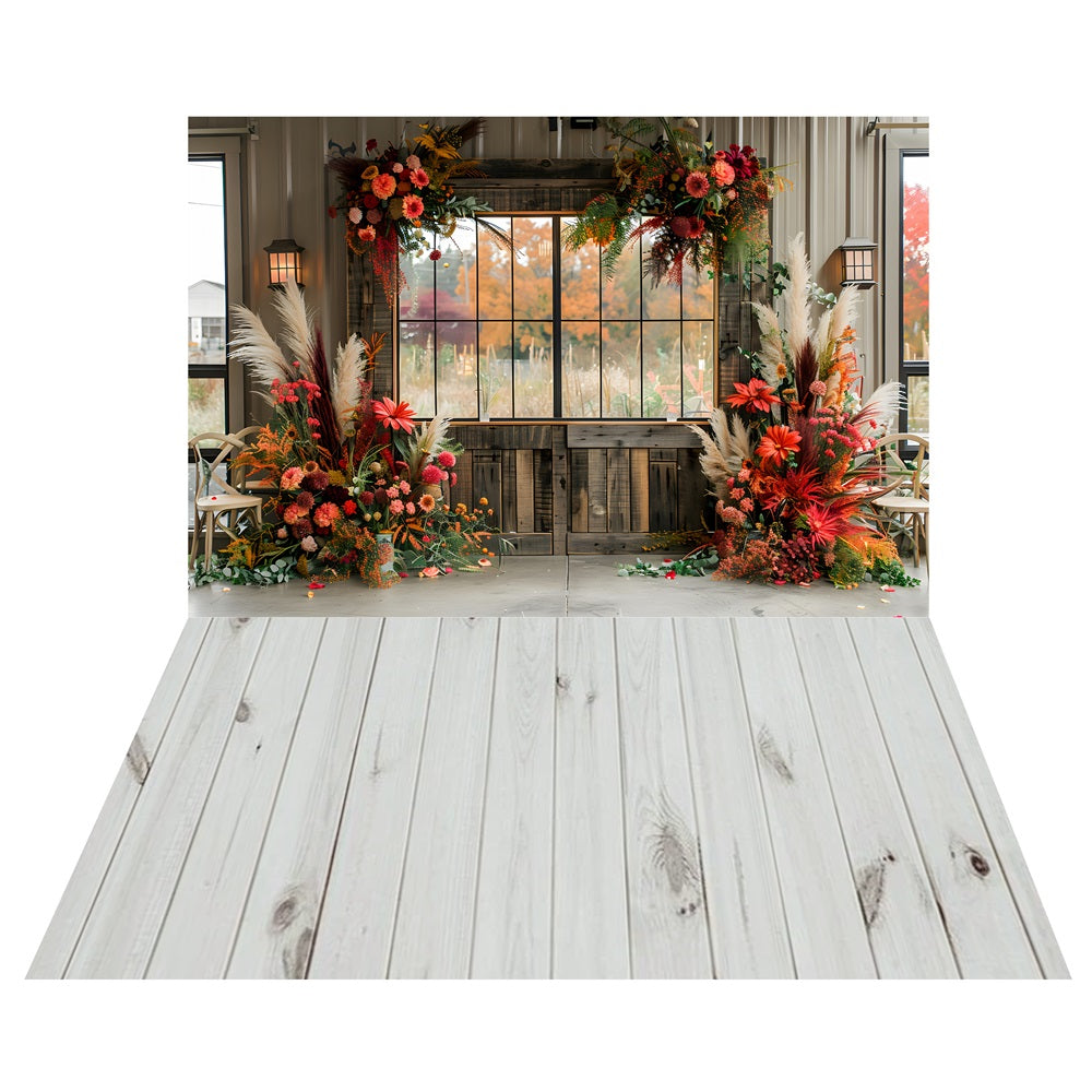 Toile de fond Fenêtre Florale Bohème + Sol en Bois Clair LXX2-215