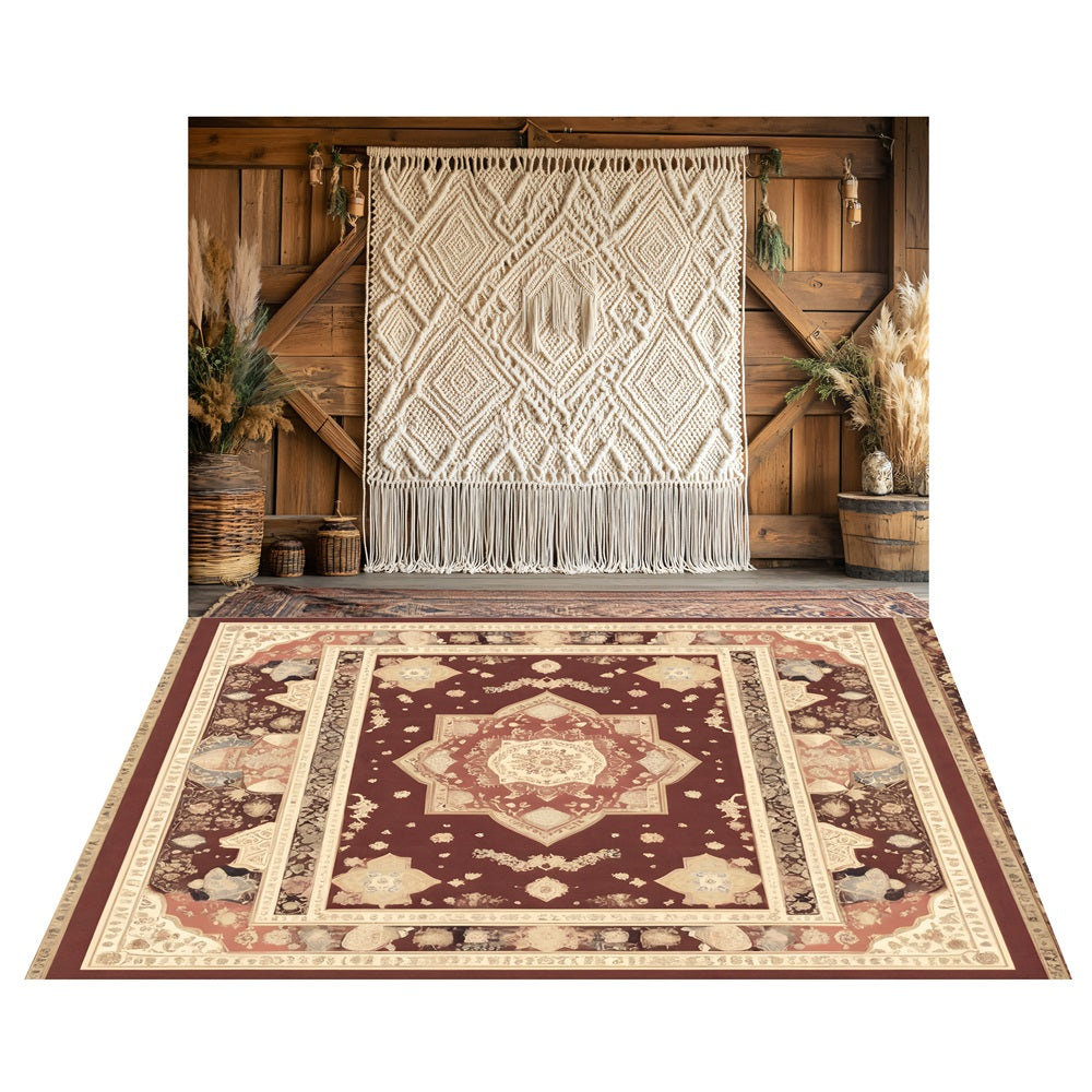 Toile de fond Grange Macramé Bohème + Sol Tapis Persan Vintage LXX2-217