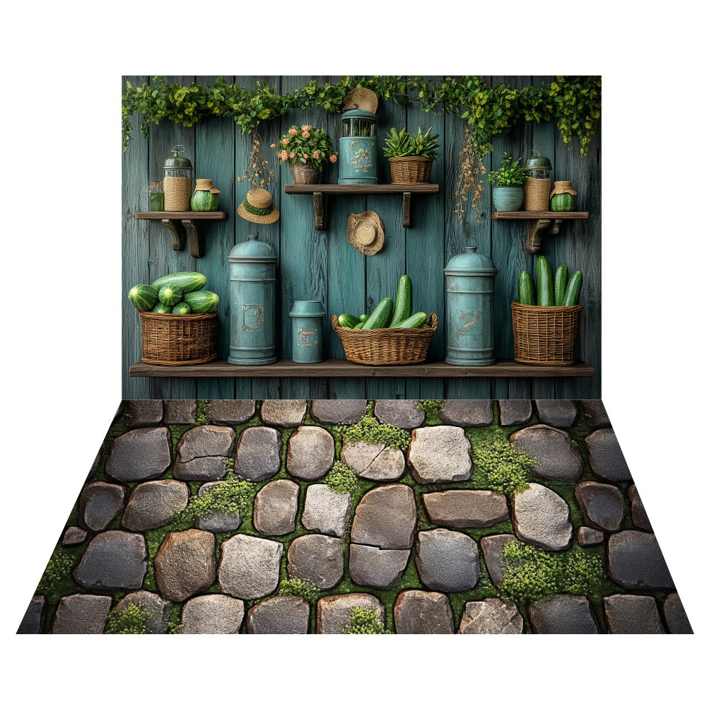 Toile de fond Étagères Cuisine Printemps + Fond Sol en Pierre Rustique LXX2-22