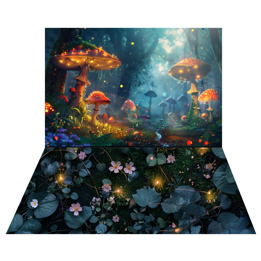 Toile de fond Forêt Champignon Lumineuse Printemps + Fond Sol Lianes Fleuries LXX2-27