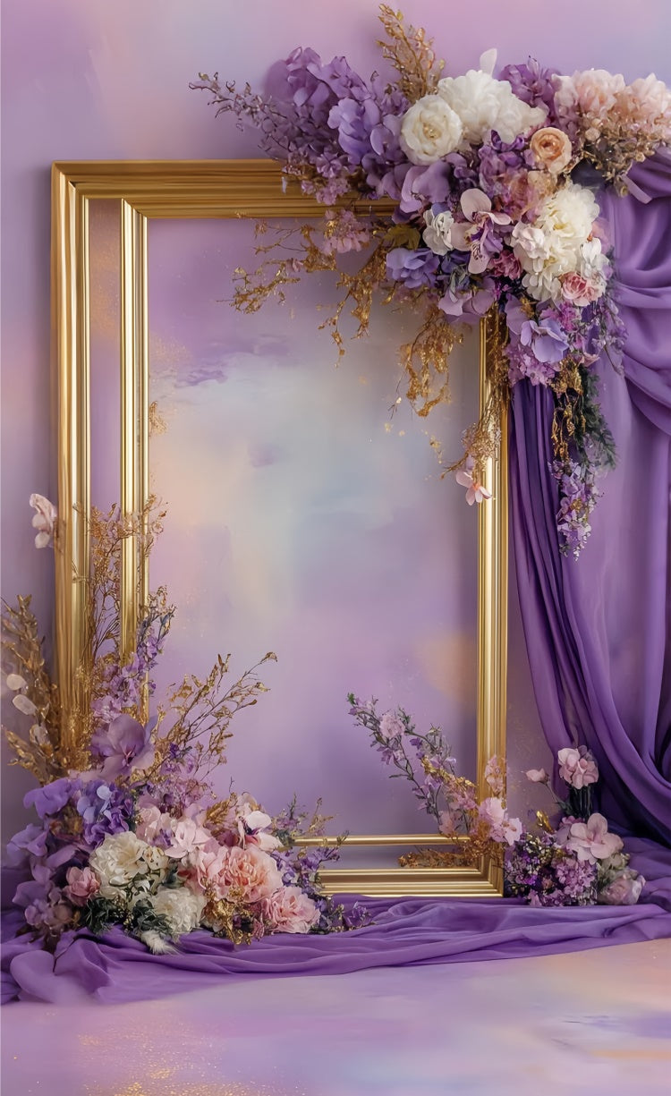 Toile de fond Sweep Florale Cadre Doré Élégant Fleurs Violettes LXX2-282