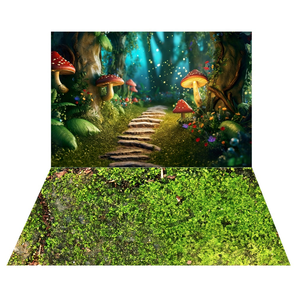 Toile de fond Allée aux Champignons Printemps + Fond Sol Herbe Fantaisie LXX2-29