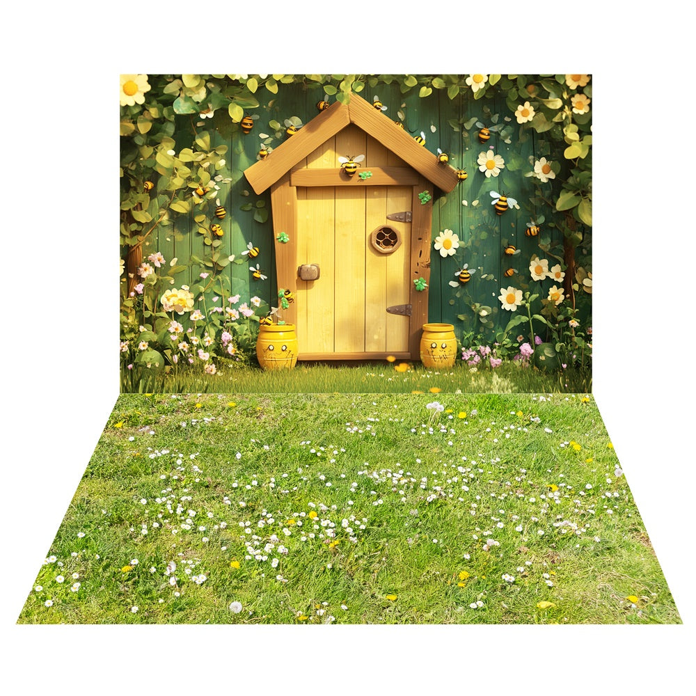 Toile de fond Cottage Abeilles Printemps + Fond Sol Herbe Pissenlit LXX2-30