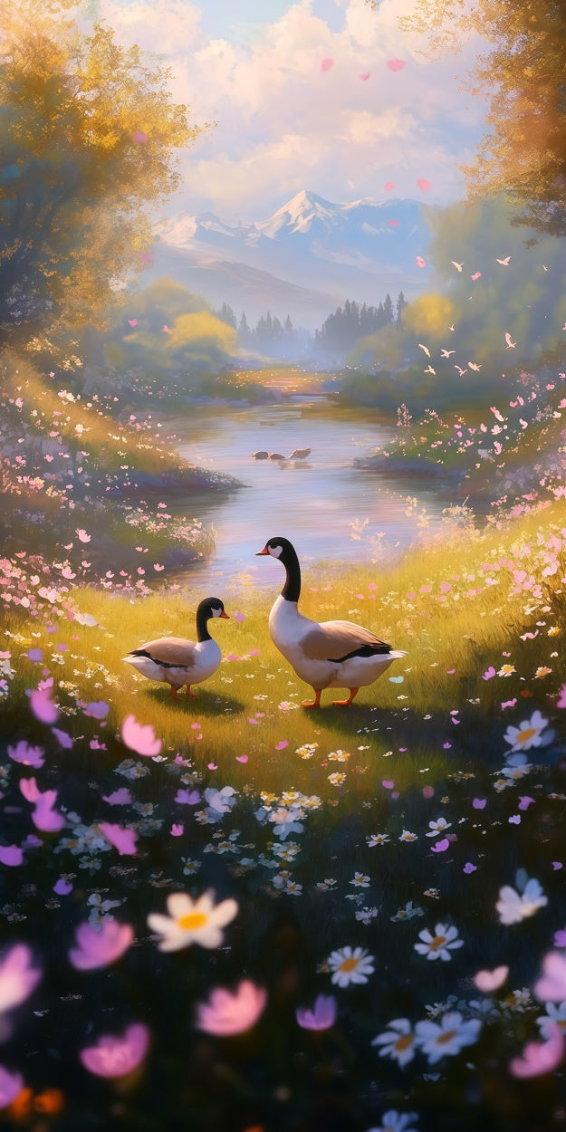 Toile de fond Sweep Photo Printemps Prairie Rivière de Montagne Paisible LXX2-306