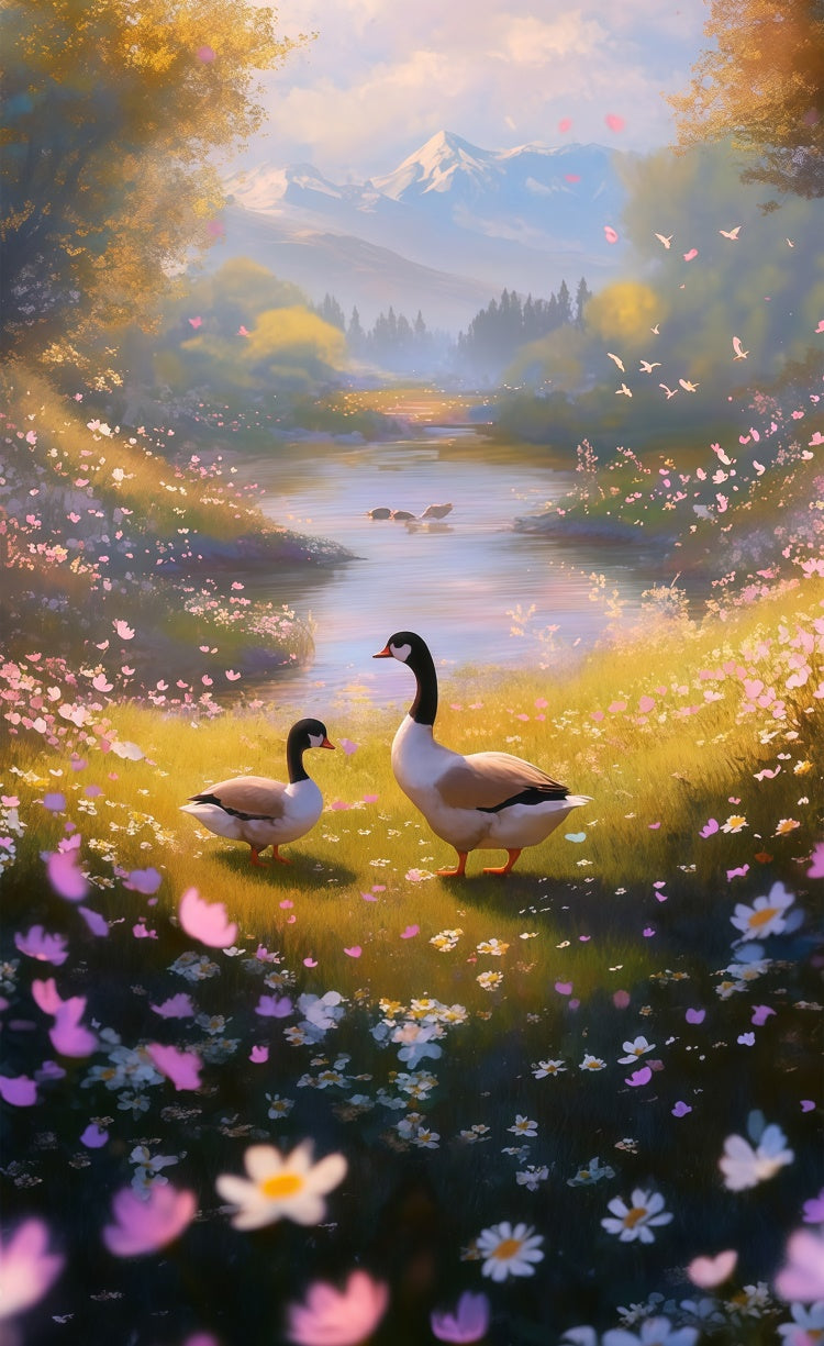 Toile de fond Sweep Photo Printemps Prairie Rivière de Montagne Paisible LXX2-306