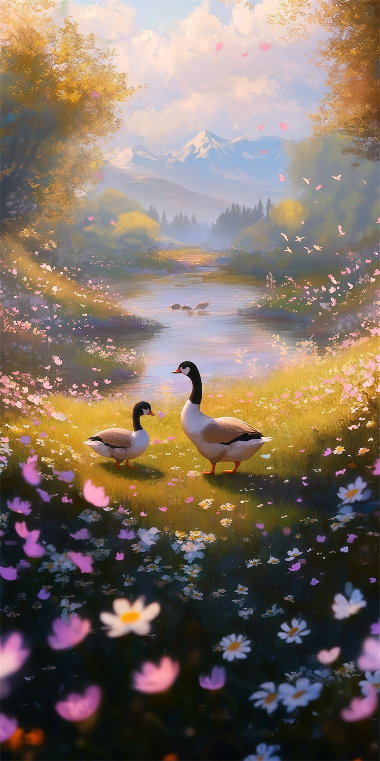 Toile de fond Sweep Photo Printemps Prairie Rivière de Montagne Paisible LXX2-306