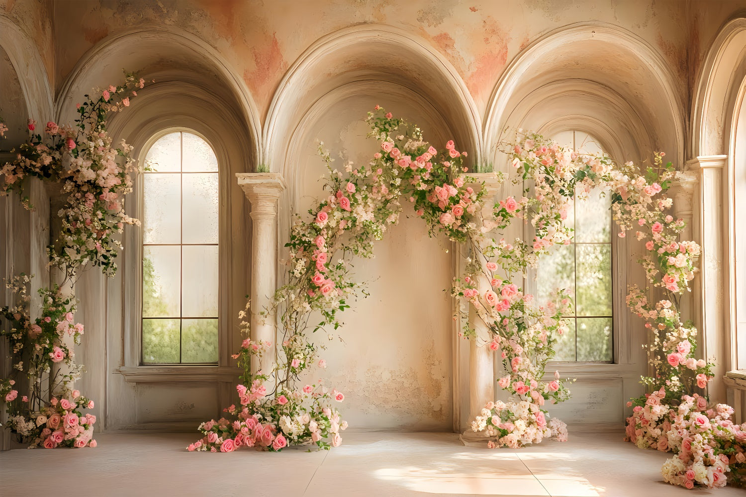 Fond Photo Printemps Arche Florale Fenêtre Élégante LXX2-41