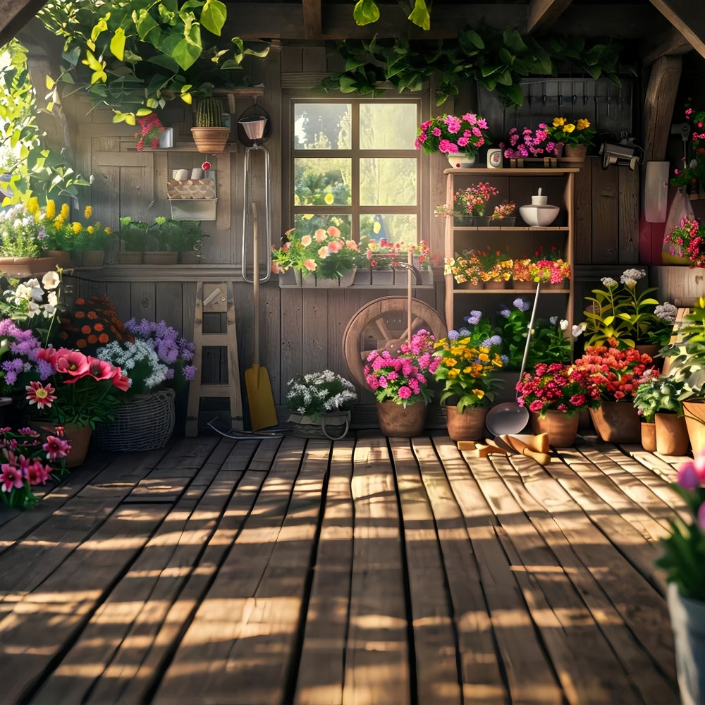 Toile de fond Printemps Abri de Fleurs en Bois Plantes Épanouies LXX2-54