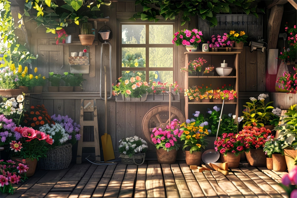 Toile de fond Printemps Abri de Fleurs en Bois Plantes Épanouies LXX2-54