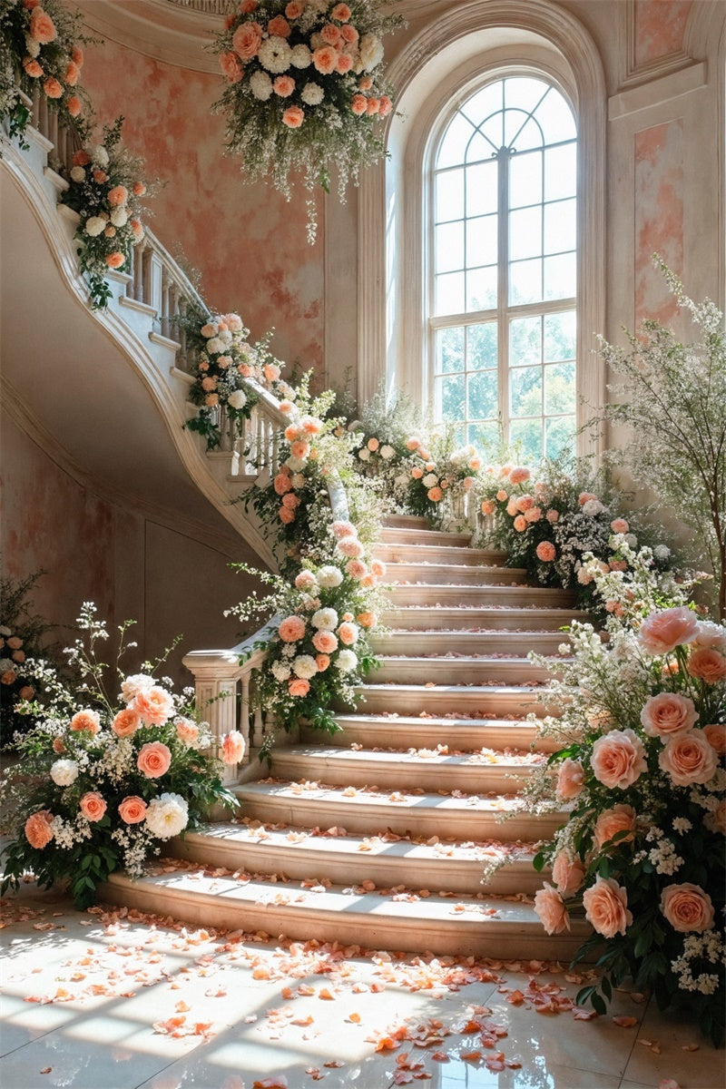 Fond Photo Printemps Escalier de Pétales de Rose Romantique LXX2-60