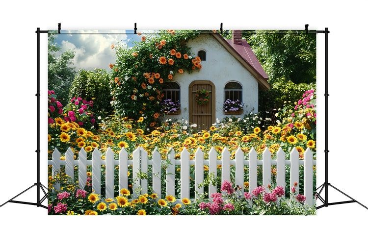 Fond Photo Printemps Cottage de Tournesols Fleurs Épanouies LXX2-64