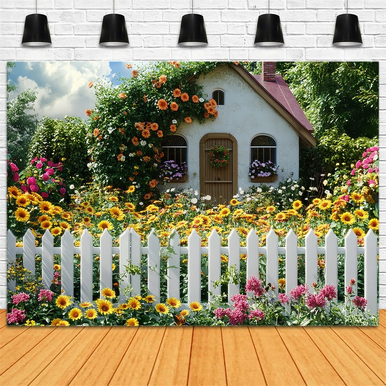 Fond Photo Printemps Cottage de Tournesols Fleurs Épanouies LXX2-64