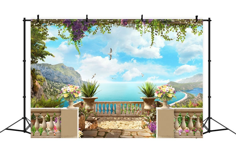 Toile de fond Printemps Terrasse Florale Vue sur la Plage LXX2-66