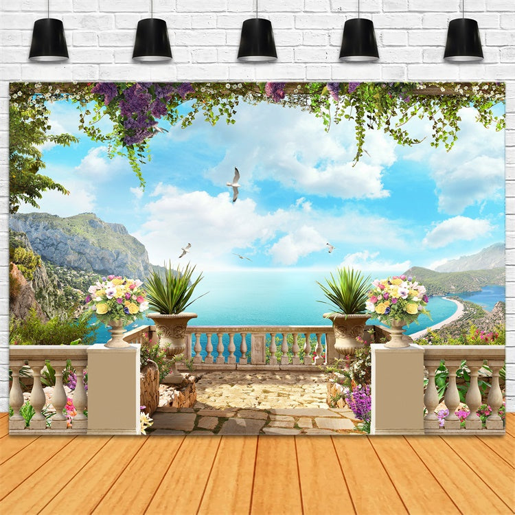 Toile de fond Printemps Terrasse Florale Vue sur la Plage LXX2-66