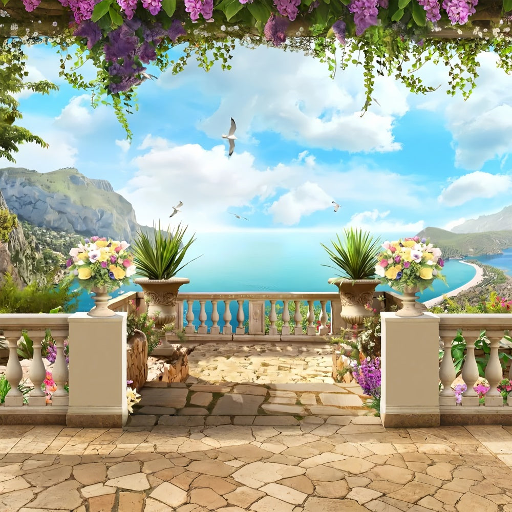 Toile de fond Printemps Terrasse Florale Vue sur la Plage LXX2-66