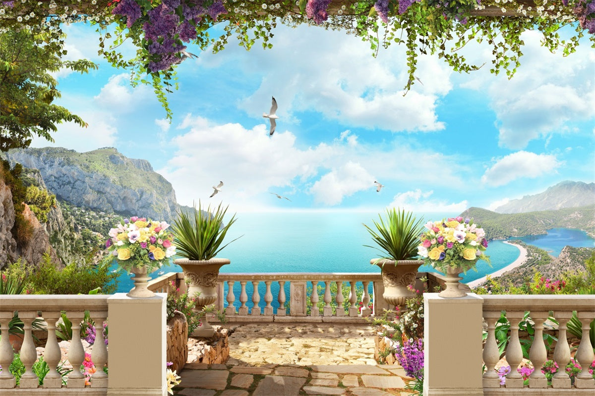Toile de fond Printemps Terrasse Florale Vue sur la Plage LXX2-66