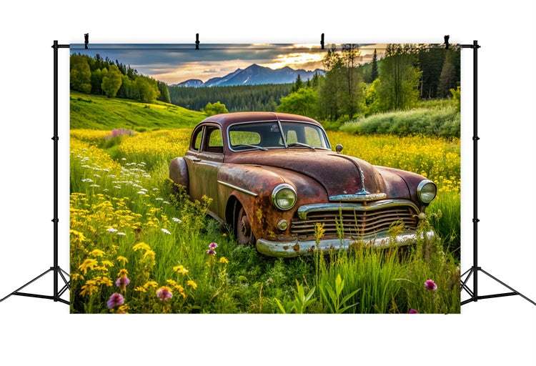 Fond Photo Printemps Voiture Vintage Prairie Luxuriante LXX2-68