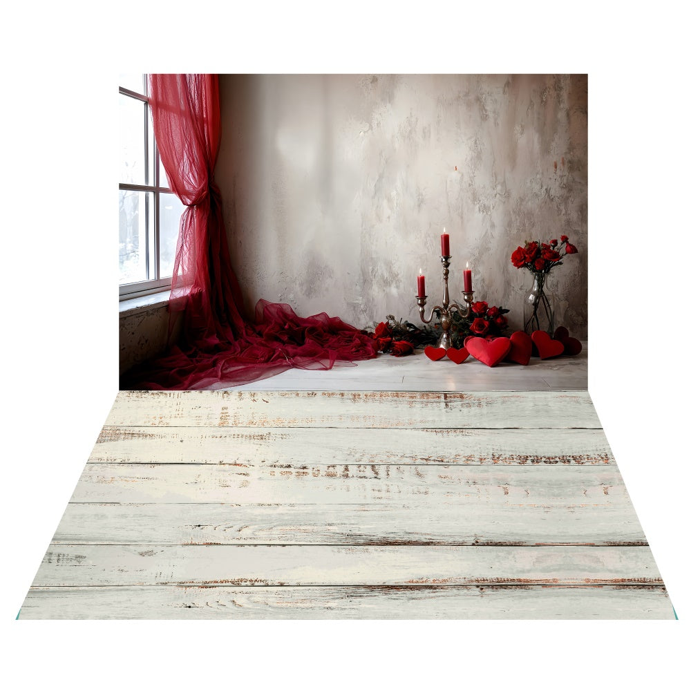 Toile de fond Rideau Rouge Saint-Valentin + Fond Sol en Bois Blanc LXX2-9