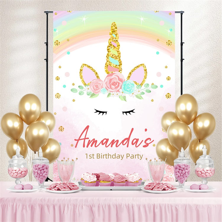 Toile de fond Anniversaire Personnalisable Licorne Arc-en-Ciel de Rêve LXX3-103