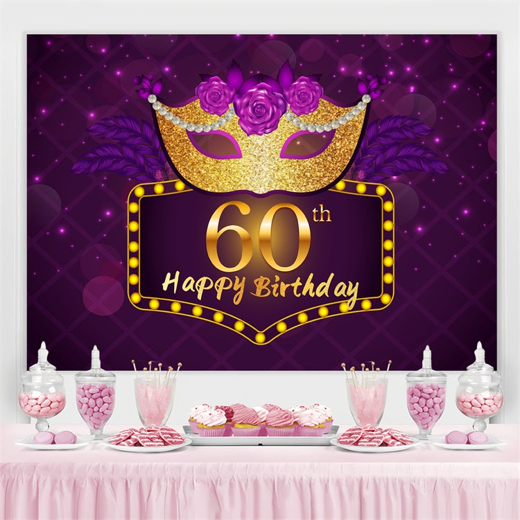 Toile de fond Deco Anniversaire Personnalisé Masque Paillettes Violet 60ème LXX3-108