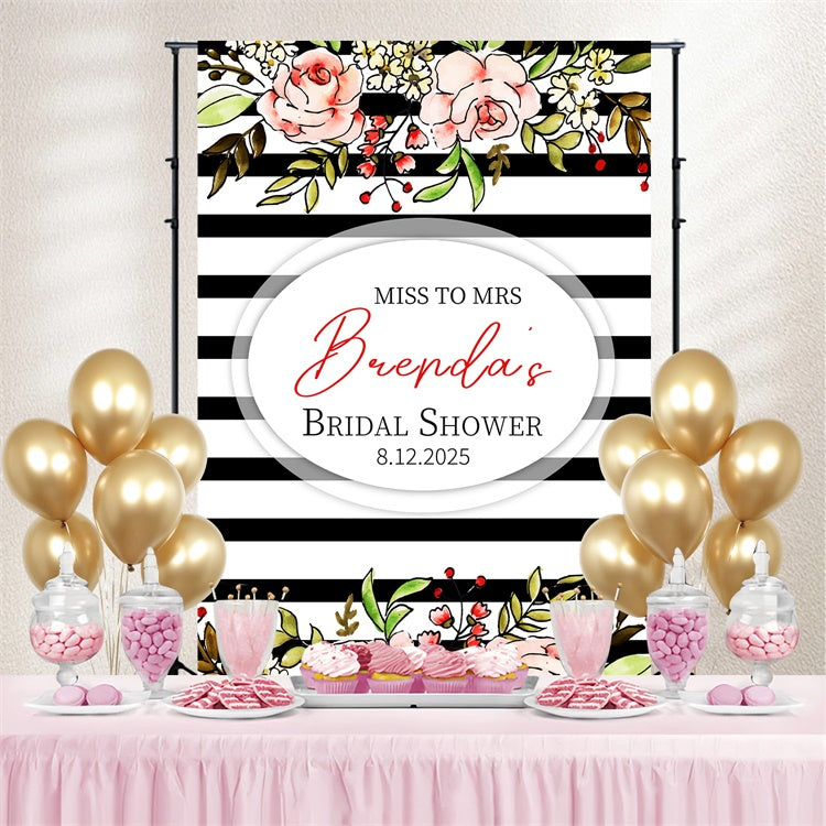 Toile de fond Bridal Shower Personnalisable Aquarelle Florale Rayures LXX3-121