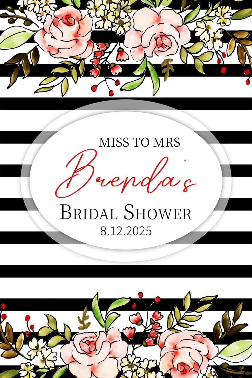 Toile de fond Bridal Shower Personnalisable Aquarelle Florale Rayures LXX3-121