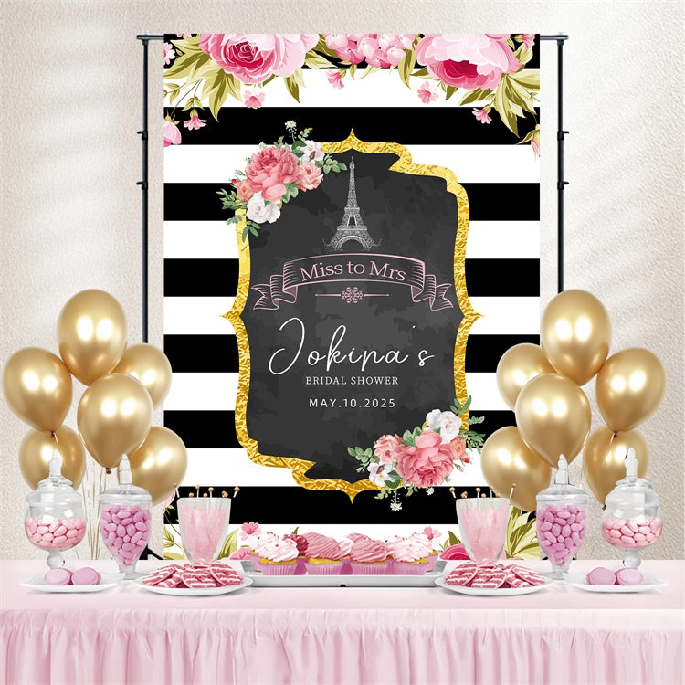Toile de fond Personnalisée Mariage Personnalisable Cadre Doré Rayures Florales LXX3-122